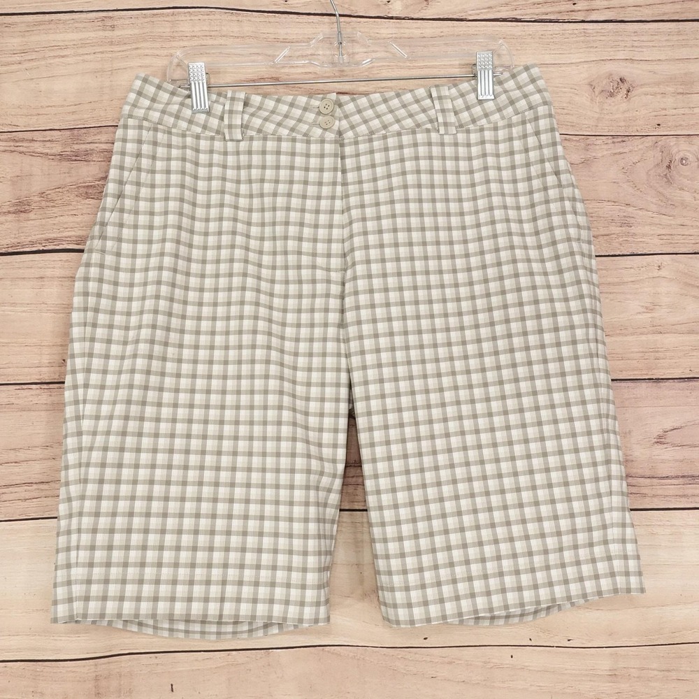 Nike Golf Bermuda Shorts Womens Size 12 Beige Check Dri-FIT 34 Waist Stretch